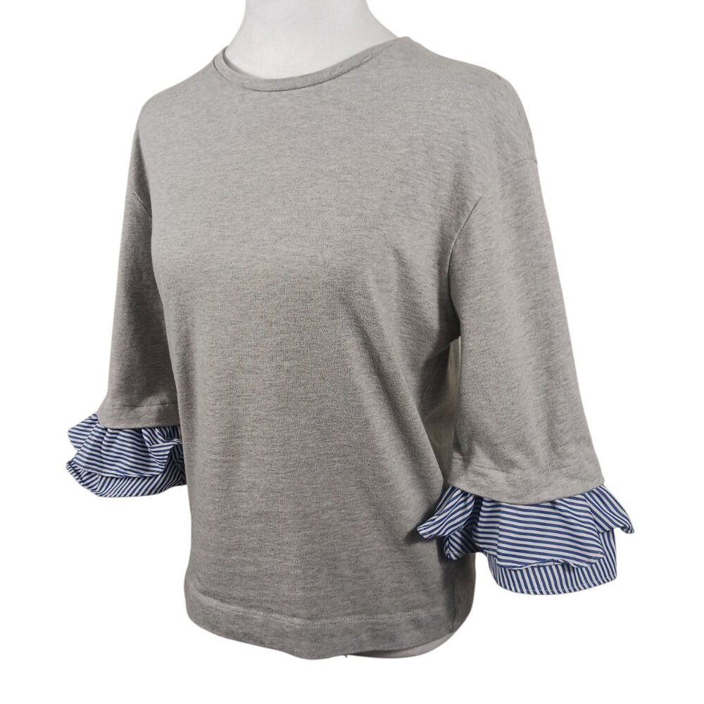 Lauren Ralph Lauren S Casual Gray Top 3/4 Sleeve W/ Navy/White Pinstripe Ruffle - Picture 4 of 15